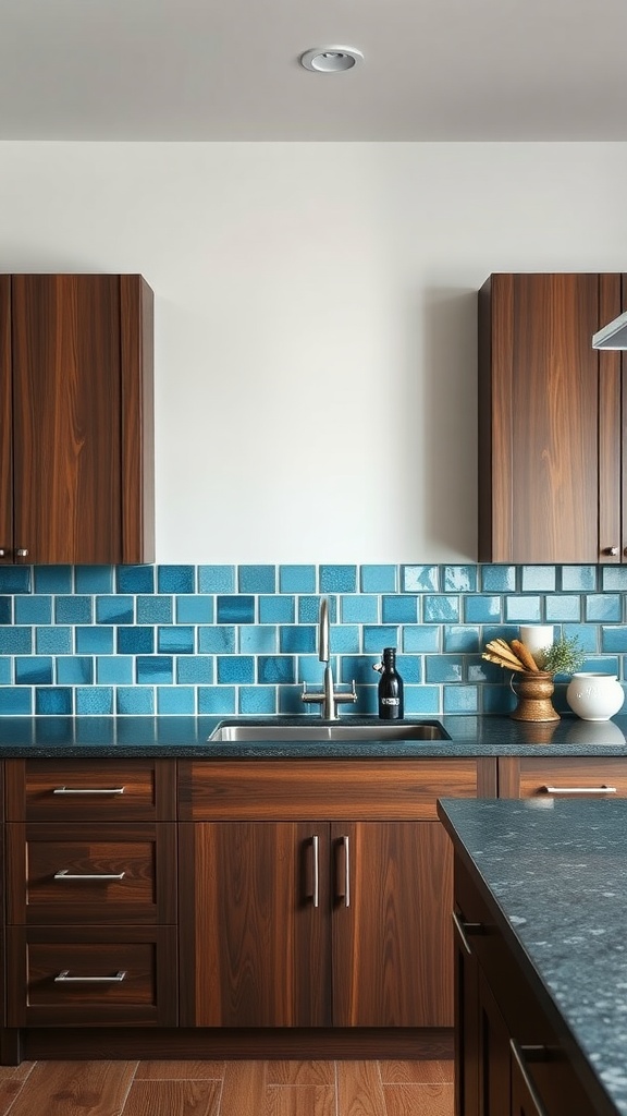 A kitchen featuring a Pacific Blue backsplash with dark wooden cabinets