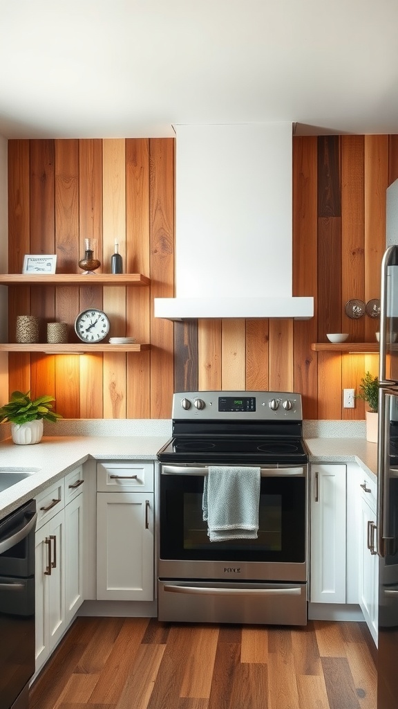 A cozy kitchen with a painted wood accent wall, white cabinetry, and stainless-steel appliances.