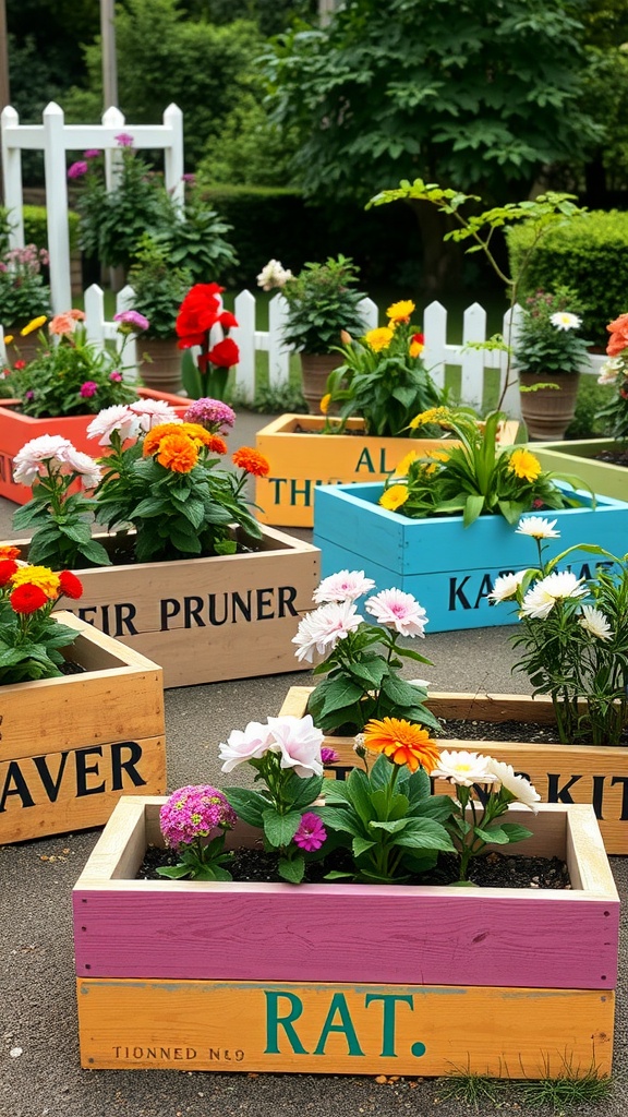 Colorful painted wooden planter boxes filled with various flowers.