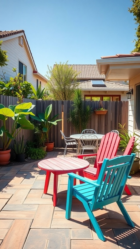 Colorful outdoor furniture on a patio with plants and a fence in the background.