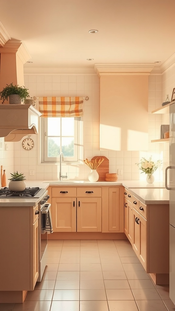 A kitchen featuring pale peach walls and cabinets, creating a warm and inviting atmosphere.