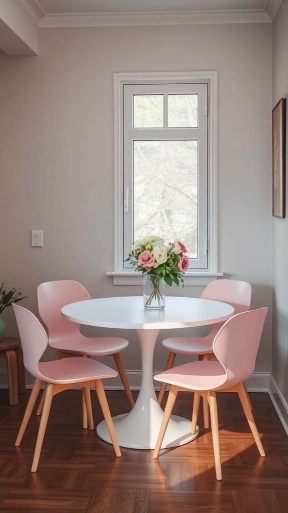 Pale pink dining chairs around a white table with a vase of flowers on it.