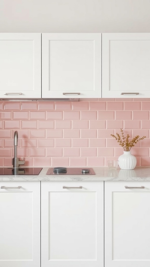 A kitchen with a pastel pink backsplash and white cabinets.