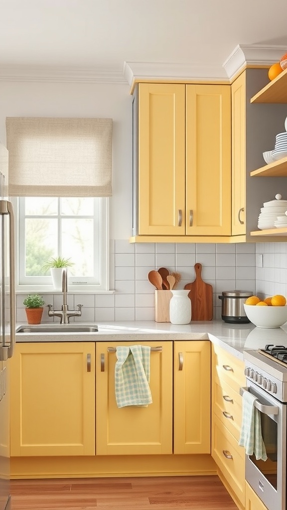 A cozy kitchen featuring pastel yellow cabinets, gray walls, and wooden accents.