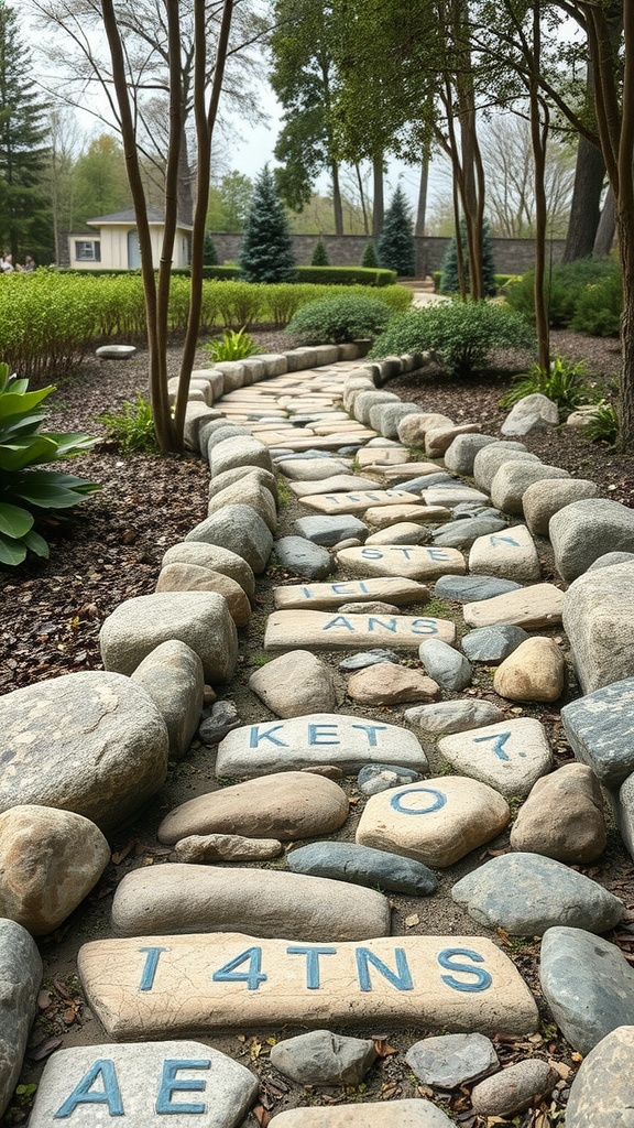 A winding garden path made of river rocks, featuring smooth stones and lettered stones, surrounded by greenery.