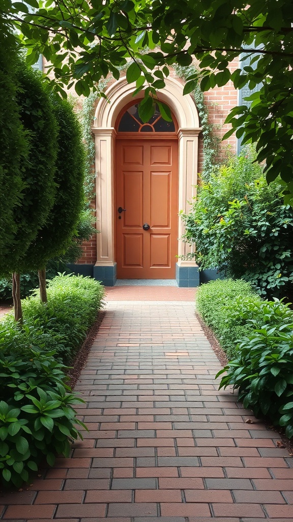 A brick pathway leading to an orange front door surrounded by lush greenery.