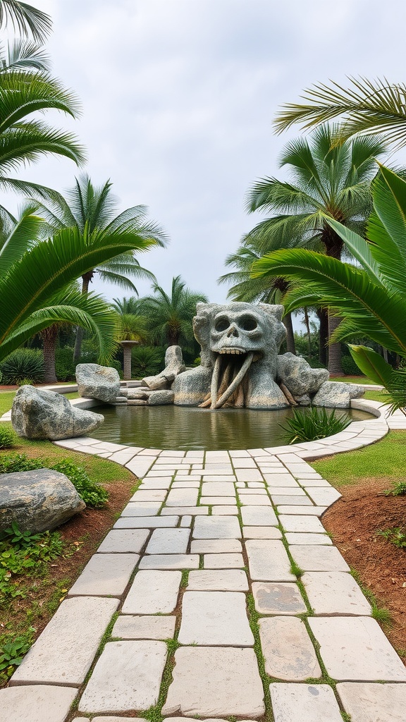 Flagstone walkway leading to a water feature with a skull-shaped rock formation and surrounding palm trees.