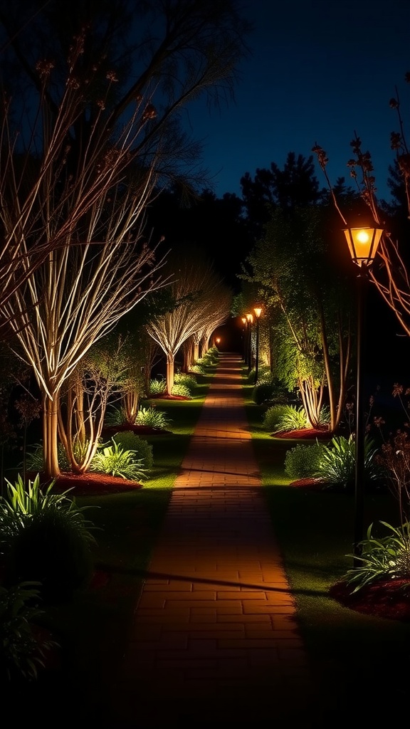 A beautifully lit garden pathway at night, lined with trees and plants.