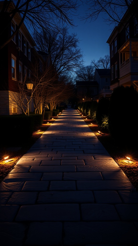 A stone pathway illuminated by inlaid lighting along the sides, surrounded by greenery and buildings at dusk.