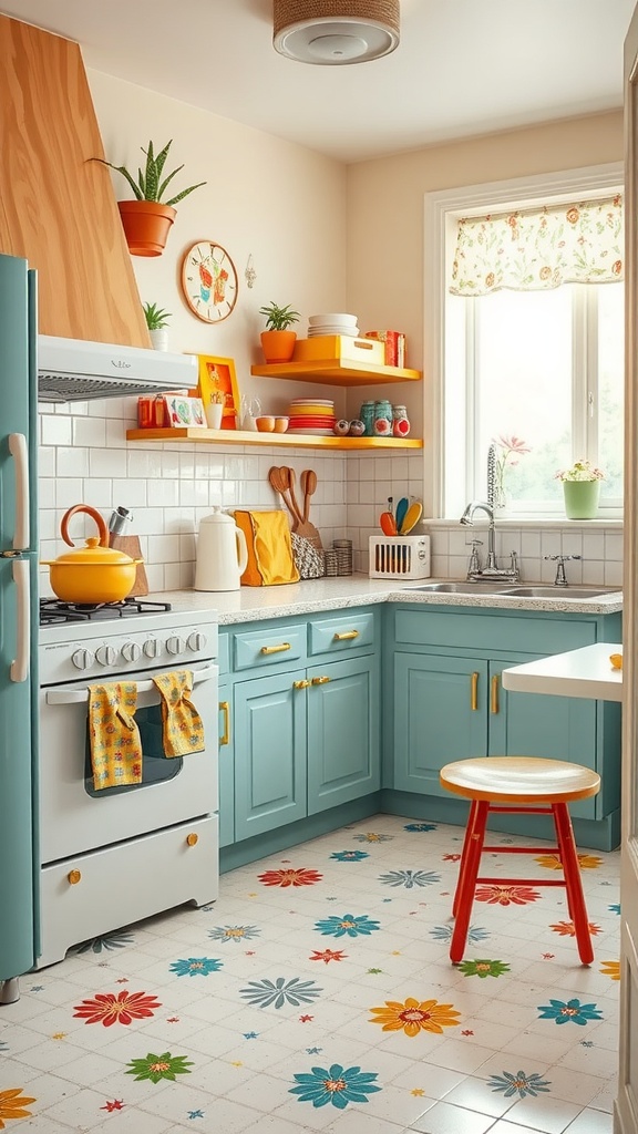 A cozy kitchen with patterned linoleum flooring featuring colorful floral designs, complemented by pastel cabinetry and cheerful decor.