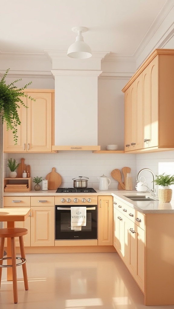 A kitchen featuring peach cabinets, cream countertops, and a bright, airy atmosphere.