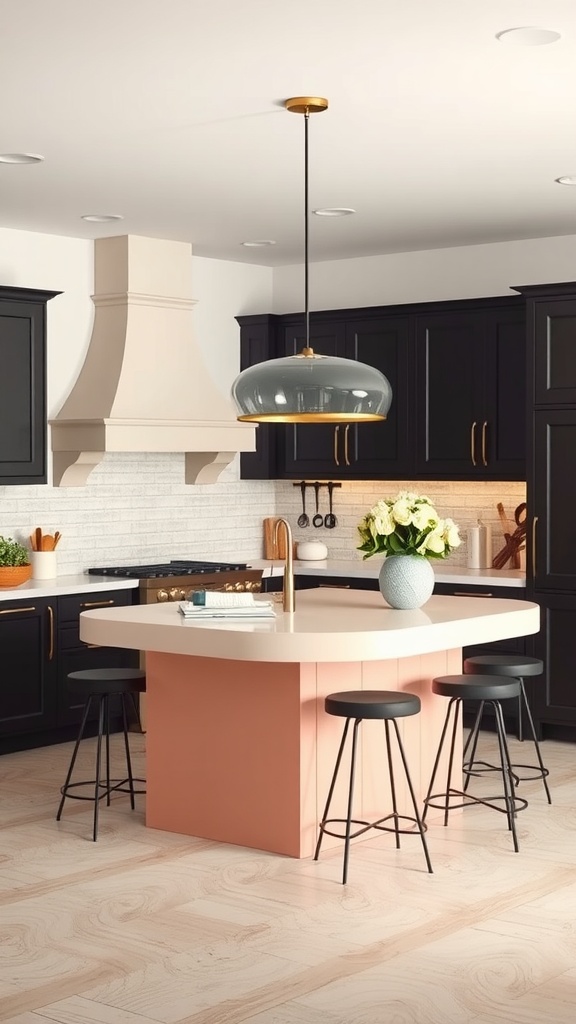 A stylish kitchen featuring a peachy pink island with four black bar stools, a modern pendant light above, and dark cabinetry.