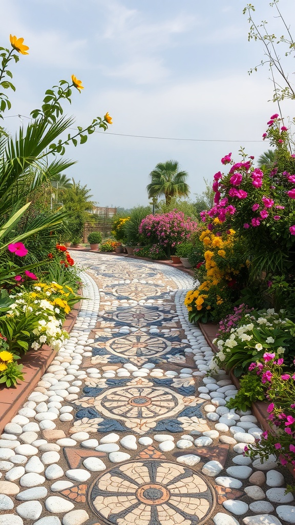 A winding pebble mosaic path surrounded by colorful flowers and greenery.