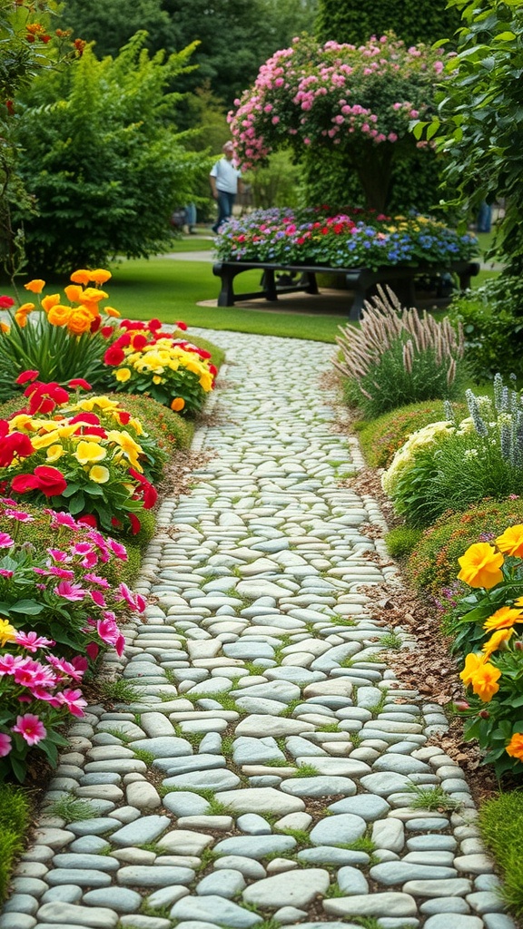 A pebble stone garden path surrounded by colorful flowers and greenery