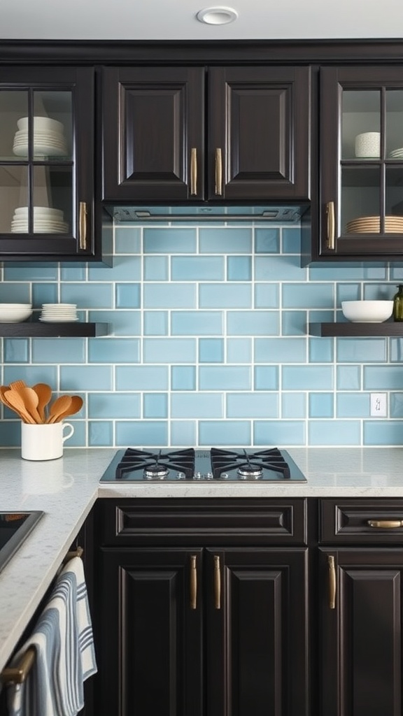 A kitchen featuring a periwinkle blue backsplash with dark cabinets and modern fixtures.