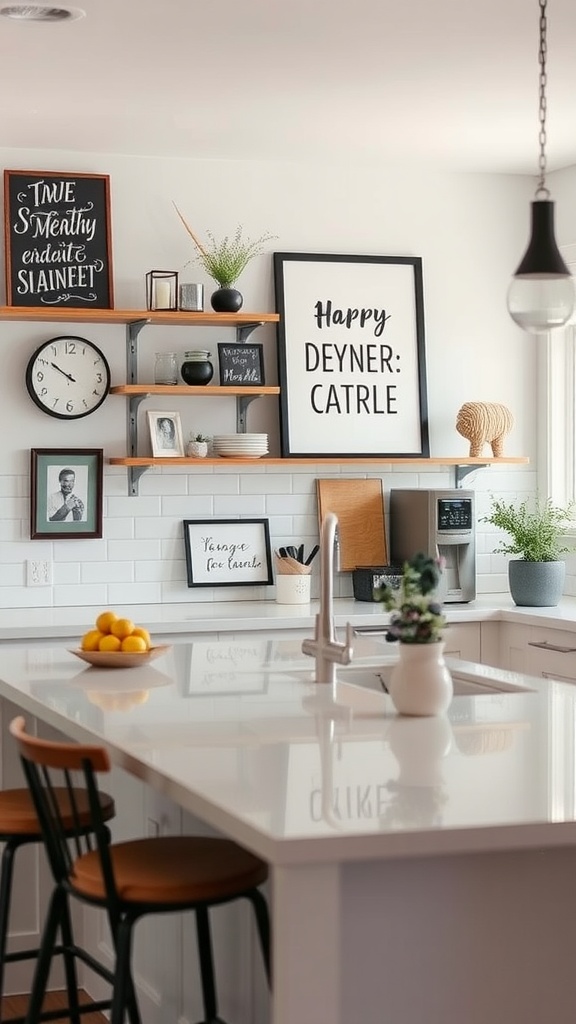 A bright and stylish kitchen featuring personalized artwork on the walls, open shelving with decorative items, and a modern island.