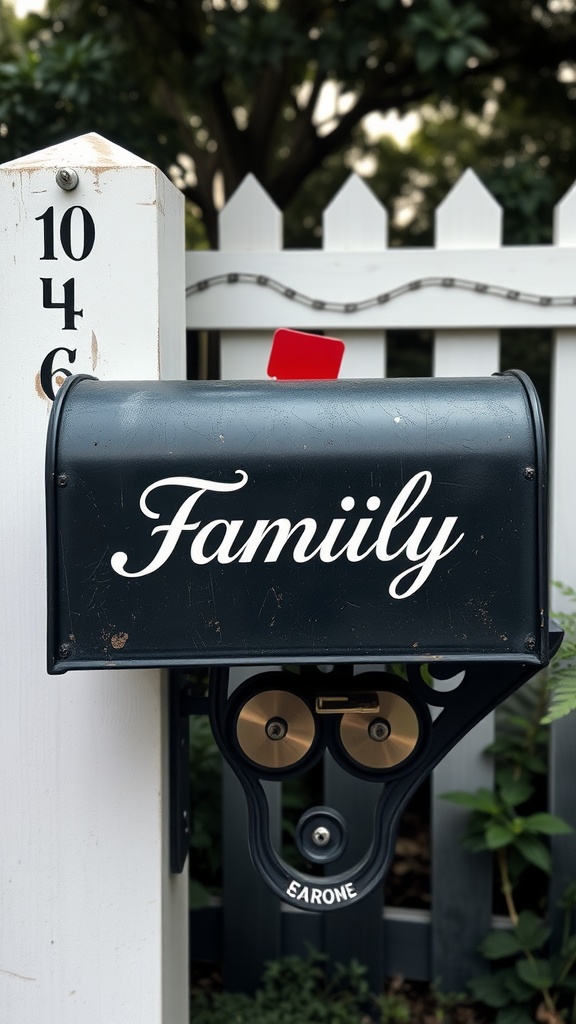 A black mailbox with the word 'Family' written in elegant white font