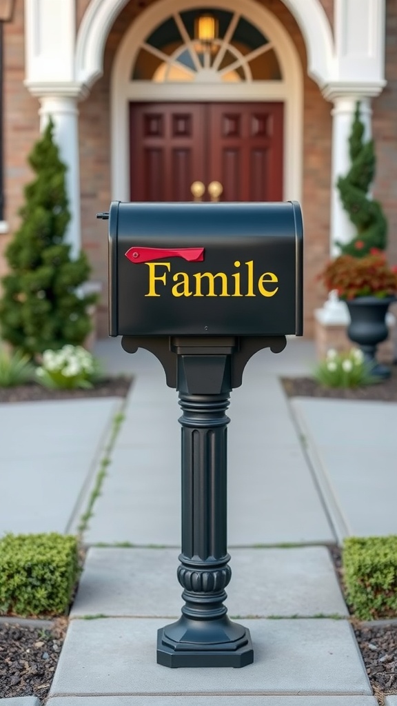 A black mailbox with the name 'Familie' in yellow letters, situated on a decorative post in front of a house.