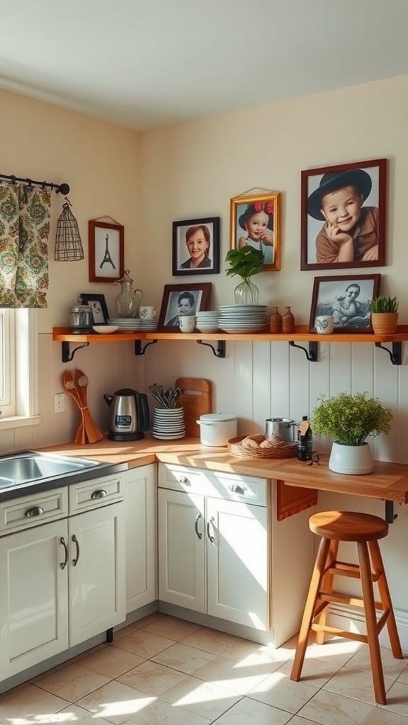 A cozy kitchen corner with family photos displayed on shelves, creating a warm and personal atmosphere.