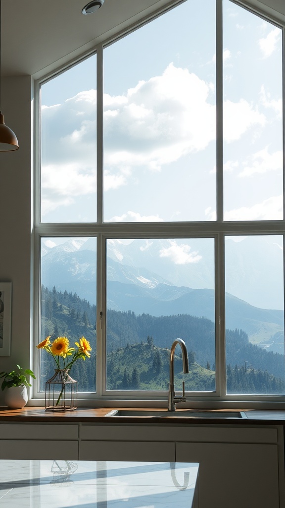 A kitchen with a large picture window showing a scenic landscape of hills and mountains, featuring sunflowers on the countertop.