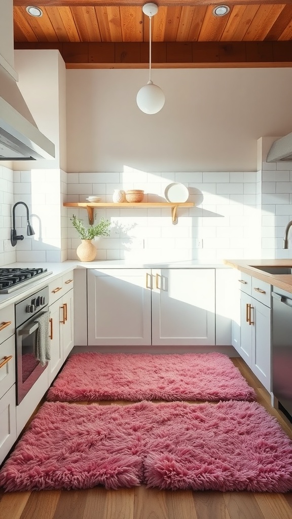 A cozy kitchen with fluffy pink accent rugs on the floor.