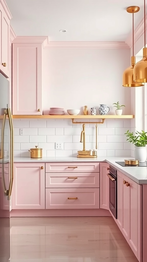 A pink kitchen with gold accents, featuring pink cabinets, gold pendant lights, and a white countertop.