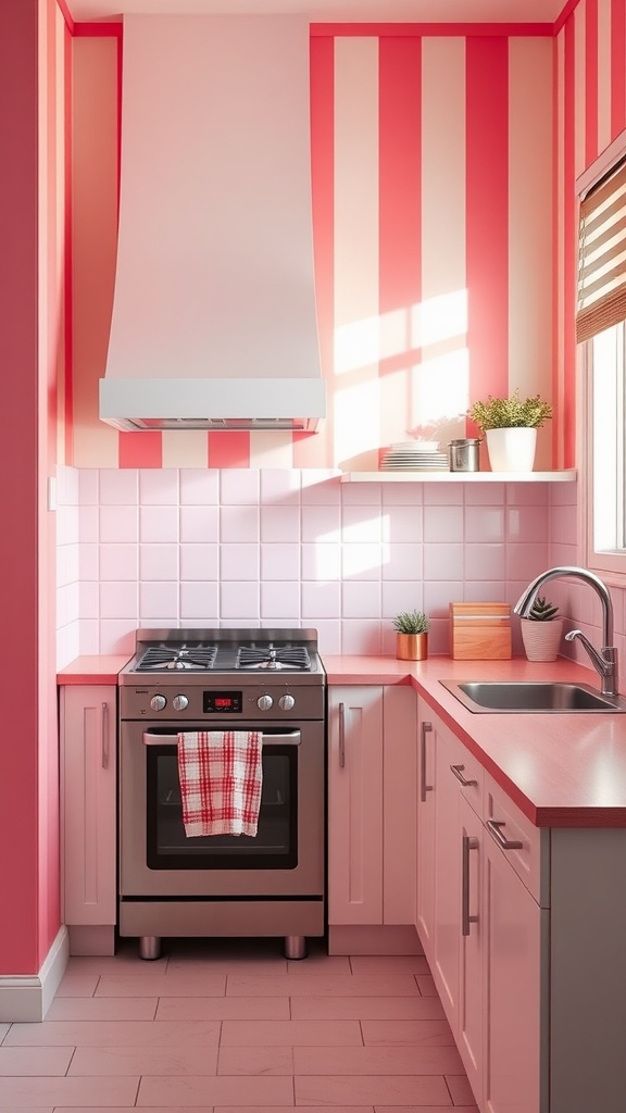 A cozy kitchen featuring pink and white striped walls, a stainless steel oven, and modern cabinetry.