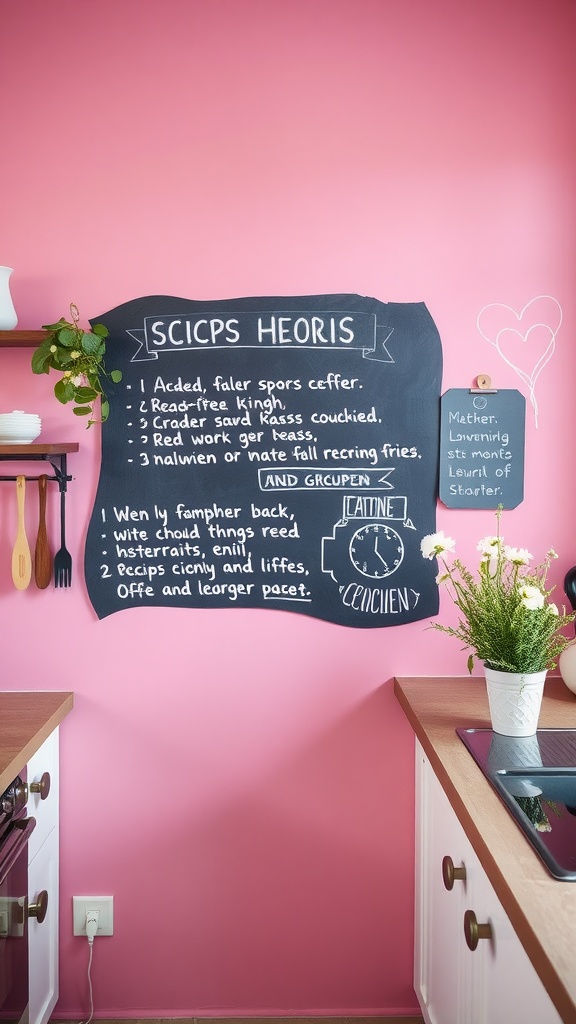 A pink kitchen with a chalkboard displaying recipes and notes, surrounded by plants.