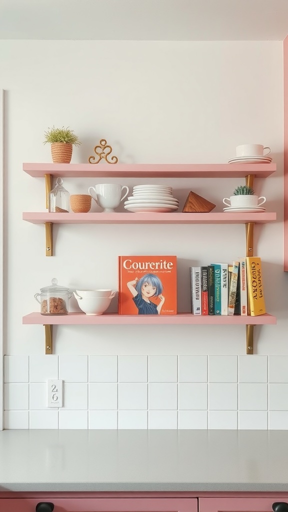 Pink floating shelves displaying kitchen items and books