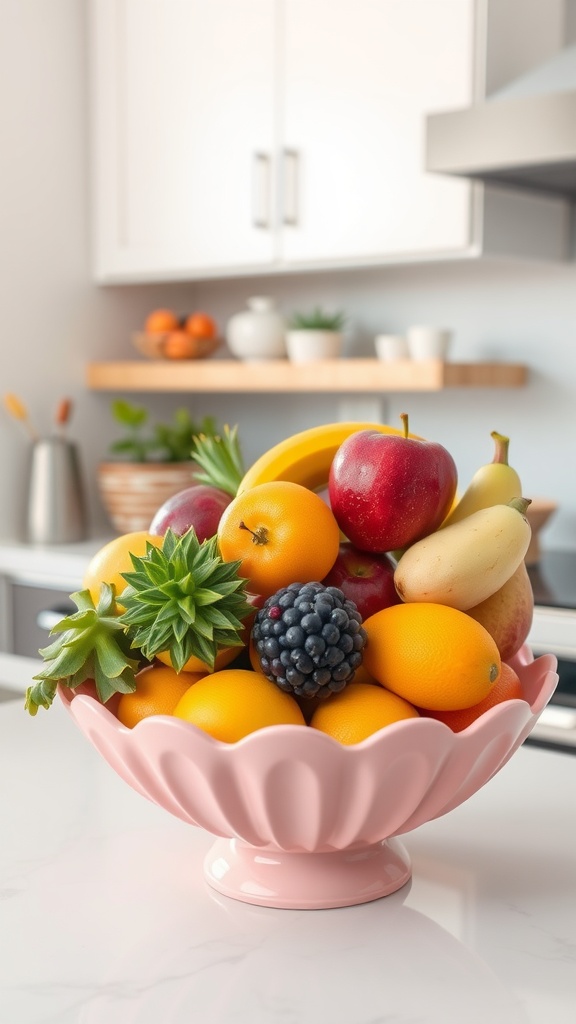 A pink fruit bowl filled with various fruits in a modern kitchen setting