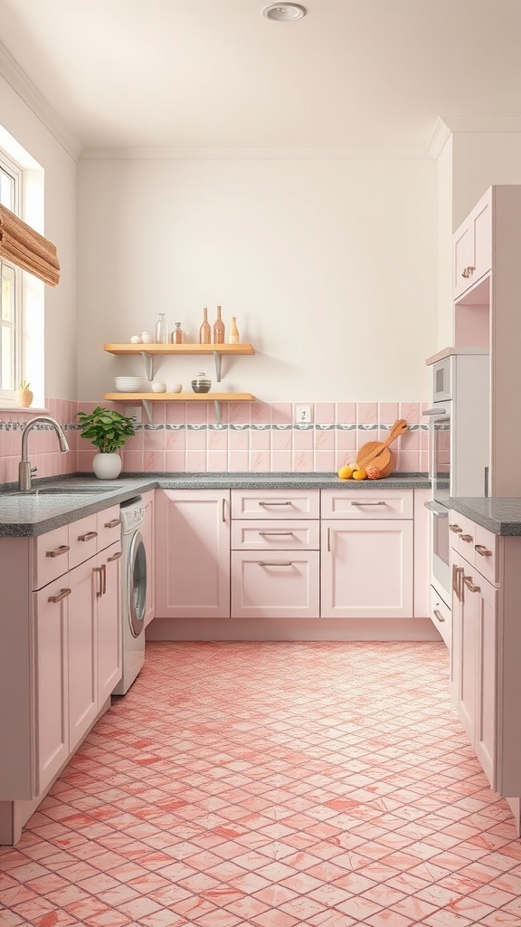 A pink kitchen featuring pink mosaic tile flooring, light pink cabinets, and a cozy atmosphere.