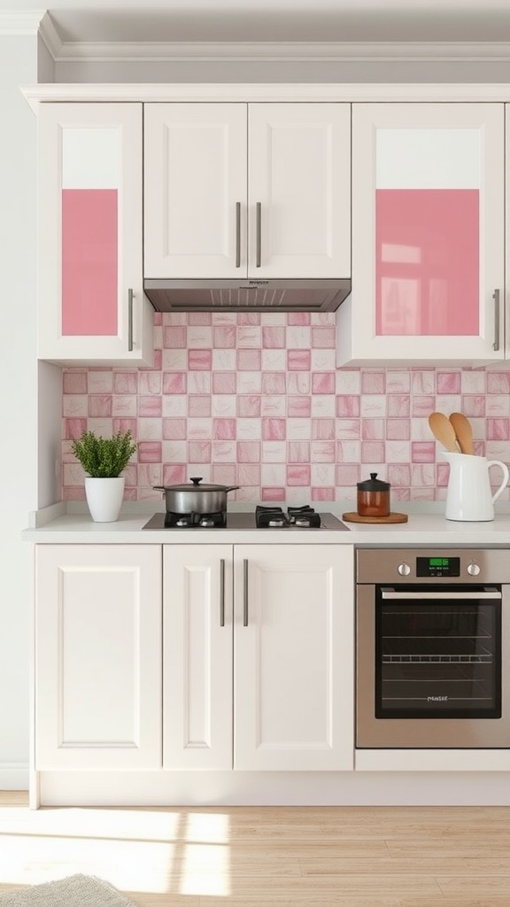 A modern kitchen featuring white cabinets with pink tile inserts on the backsplash, creating a light and inviting atmosphere.