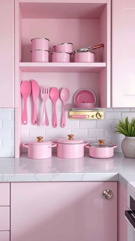 A pink kitchen display featuring pots, pans, and utensils on shelves and countertops.