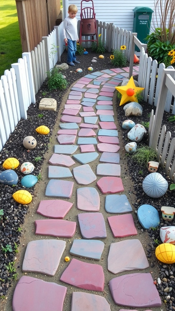 A colorful flagstone walkway with a child exploring the path, surrounded by playful garden decorations.