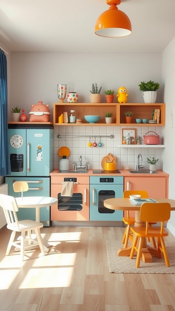 A colorful and playful kids' kitchen featuring bright decor and cheerful furniture.