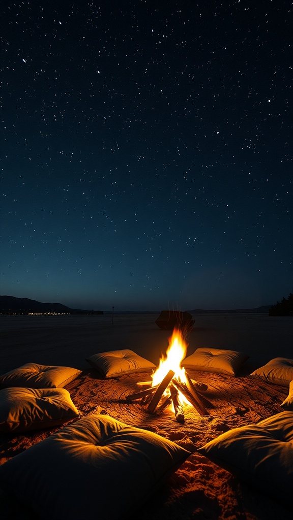 Cozy fire pit seating with plush floor cushions surrounded by stars.