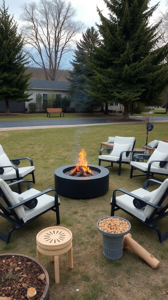 A portable fire pit surrounded by comfortable seating in a grassy area.