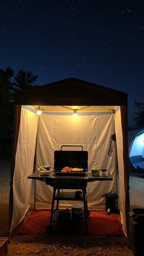 Portable grill gazebo setup at night with a grill and food under starry sky