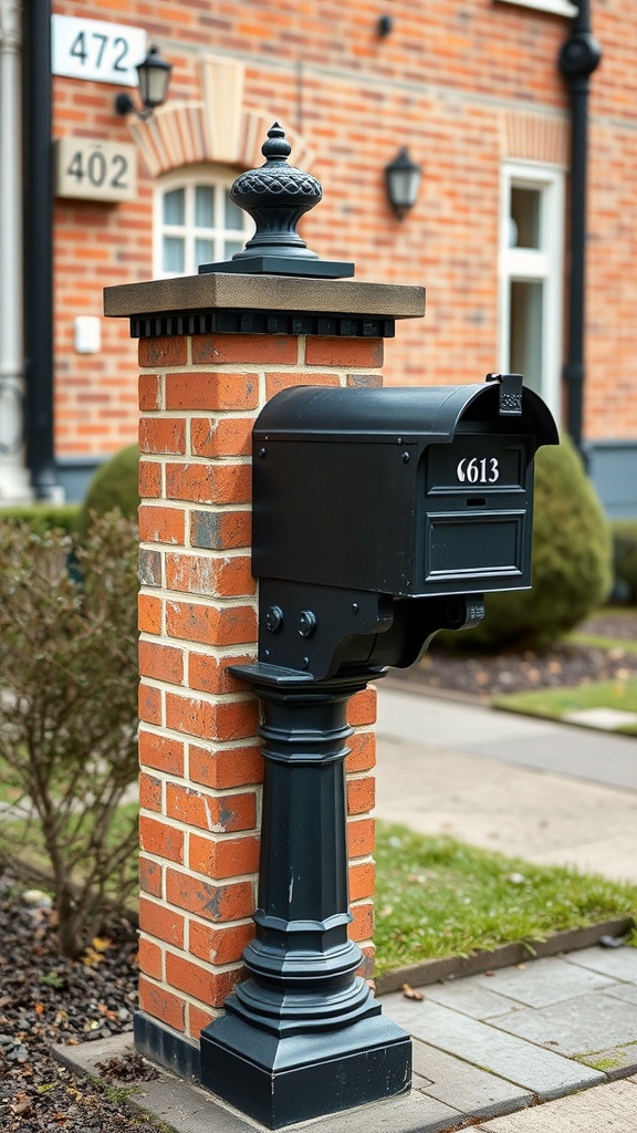 A stylish black mailbox mounted on a brick post, featuring decorative elements.