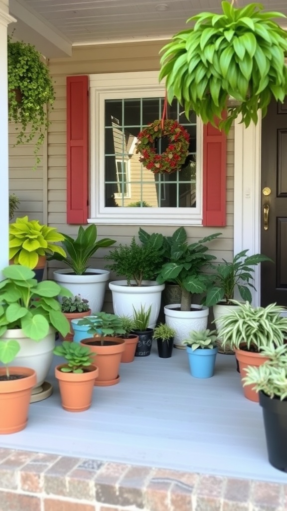 An inviting porch with various potted plants of different sizes and types, showcasing layered greenery.