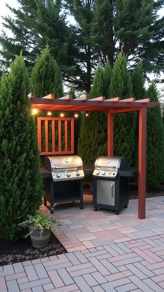 A cozy grill shelter featuring two grills under a pergola surrounded by tall evergreens and lights.