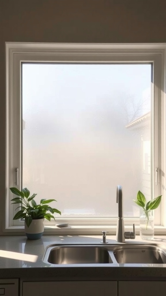 A kitchen sink area with frosted glass window and plants on the countertop.