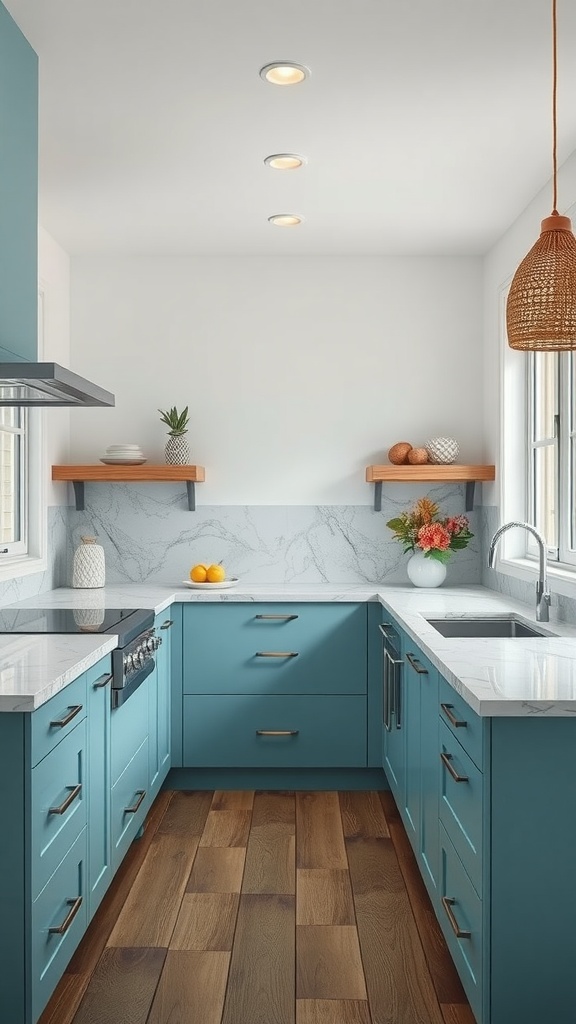 A beach house kitchen featuring light blue cabinets and quartz countertops with ocean hues, complemented by wooden flooring.