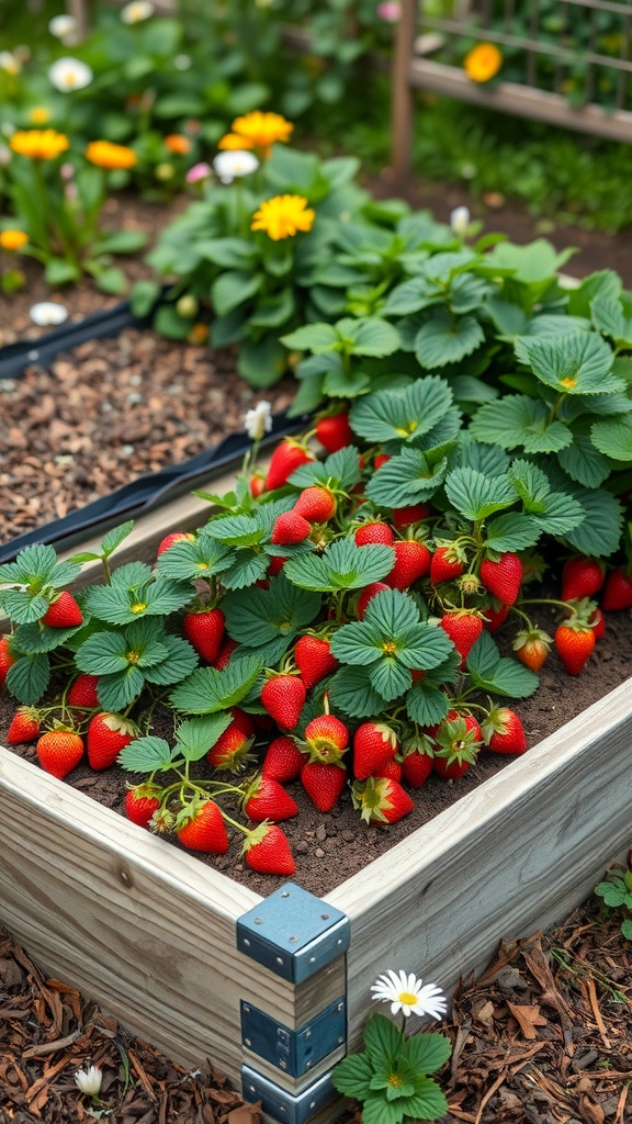 A raised bed filled with strawberry plants and ripe strawberries, surrounded by colorful flowers.