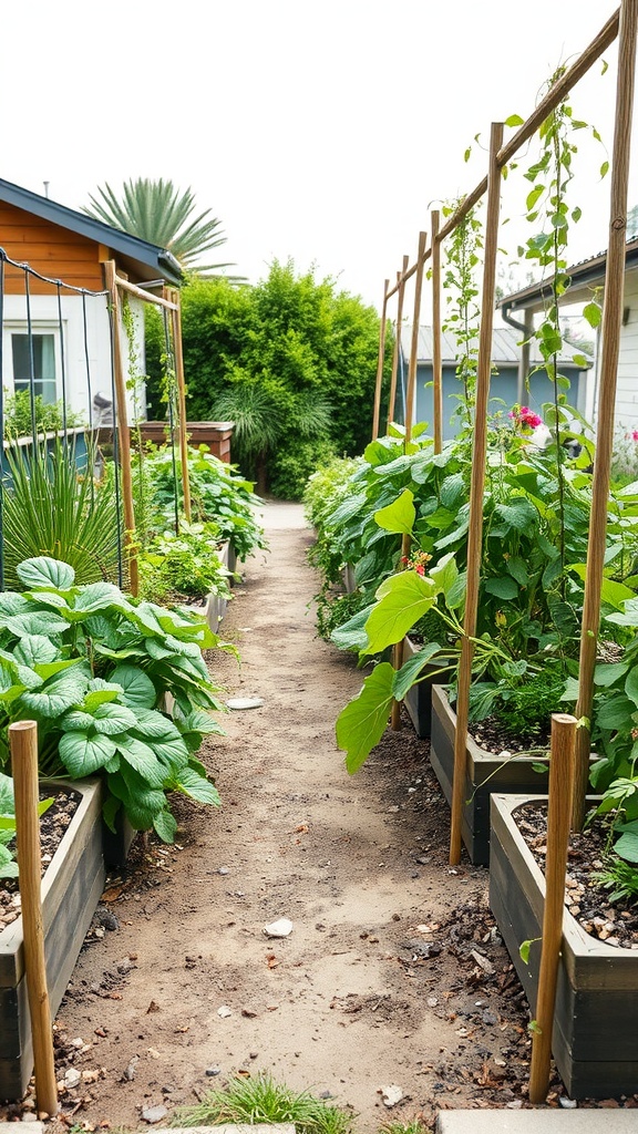 A garden path between raised beds filled with plants and greenery.