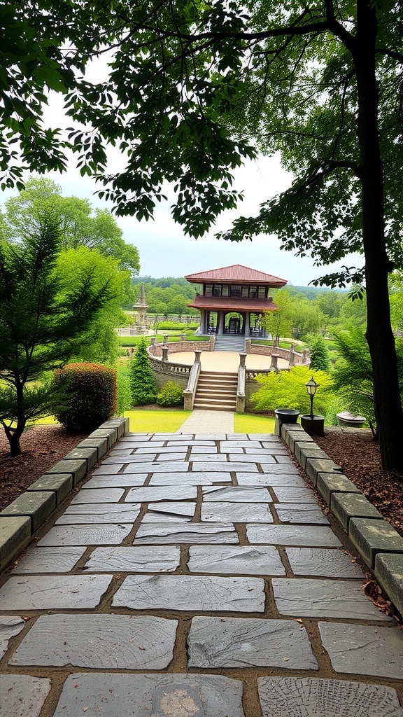 A raised stone pathway leading to a gazebo surrounded by greenery.