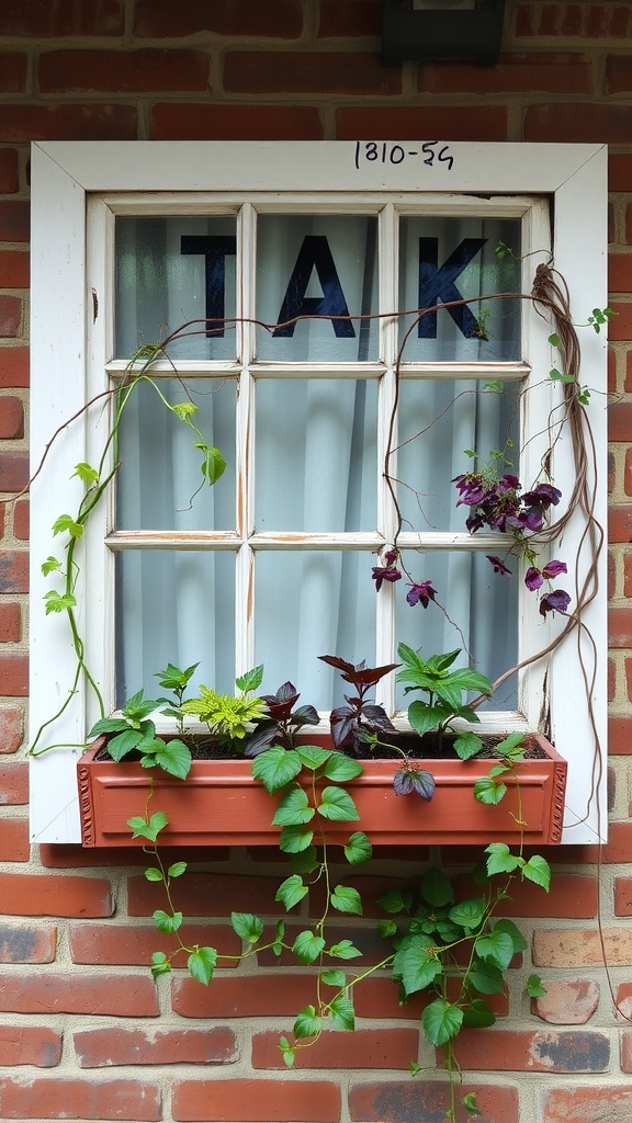 Reclaimed window frame planter with various plants and vines