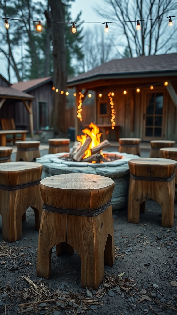 A cozy fire pit area with reclaimed wood stools arranged in a circle around a fire, illuminated by string lights.