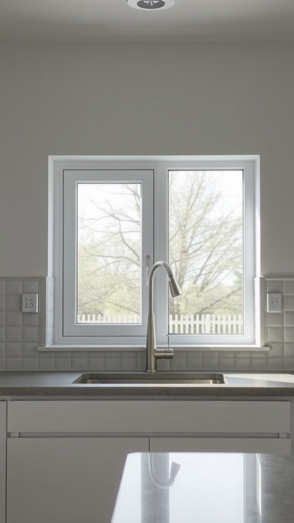 A rectangular kitchen window with simple lines, allowing natural light and a view of greenery outside.