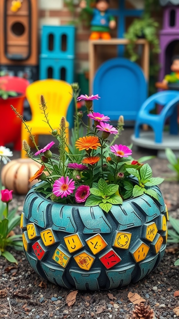 A recycled tire planter filled with colorful flowers in a vibrant garden setting.